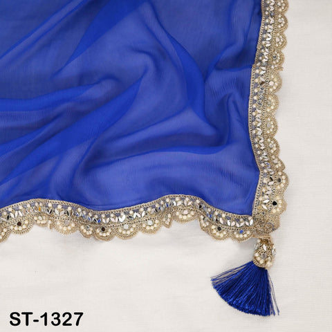 Royal Blue Chiffon Dupatta, Gold Sequins, Mirror Embroidered Border, Bridal Wedding Stole