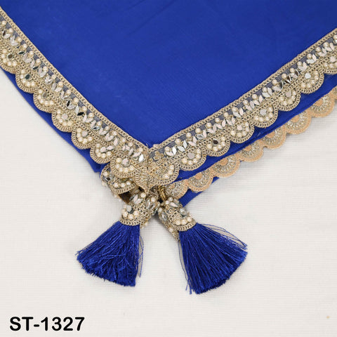 Royal Blue Chiffon Dupatta, Gold Sequins, Mirror Embroidered Border, Bridal Wedding Stole