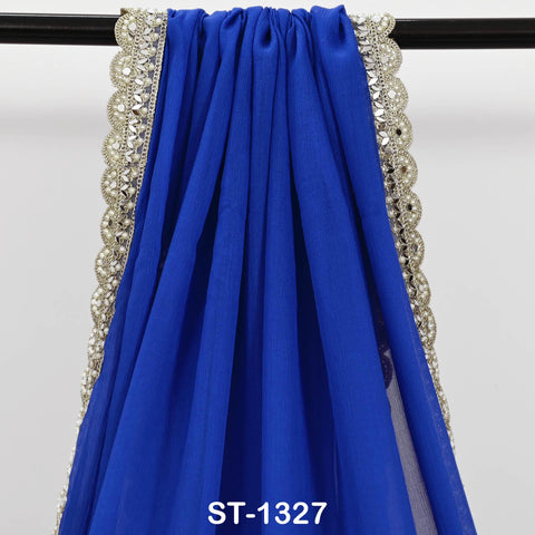 Royal Blue Chiffon Dupatta, Gold Sequins, Mirror Embroidered Border, Bridal Wedding Stole