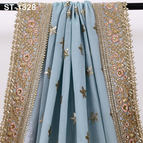 Grey Georgette Dupatta with Gold Sequins, Bridal Wedding Stole, 2.5 Yards