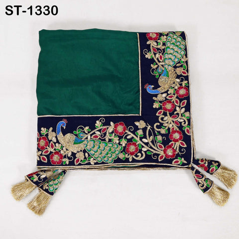 Embroidered Green Silk Dupatta with Peacock Border – Bridal Wedding Chunni Veil