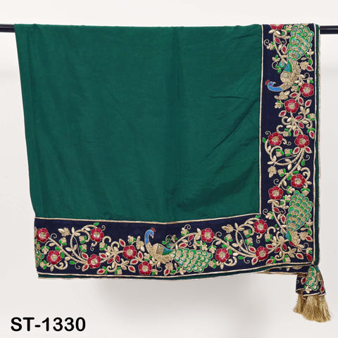 Embroidered Green Silk Dupatta with Peacock Border – Bridal Wedding Chunni Veil