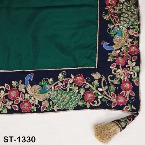 Embroidered Green Silk Dupatta with Peacock Border – Bridal Wedding Chunni Veil