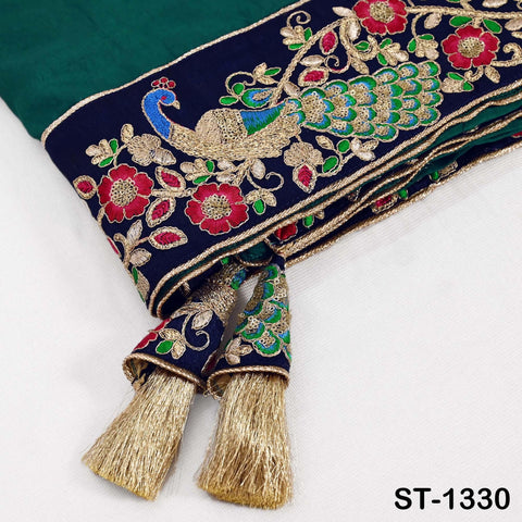 Embroidered Green Silk Dupatta with Peacock Border – Bridal Wedding Chunni Veil