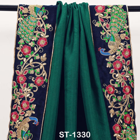 Embroidered Green Silk Dupatta with Peacock Border – Bridal Wedding Chunni Veil