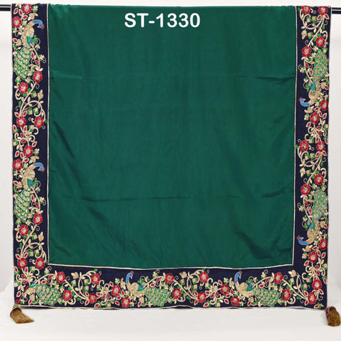 Embroidered Green Silk Dupatta with Peacock Border – Bridal Wedding Chunni Veil