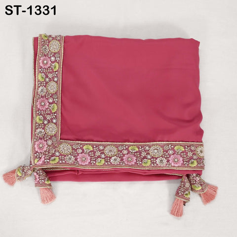 Salmon Red Silk Crepe Dupatta: Embroidered Beaded Border, Bridal Wedding Stole