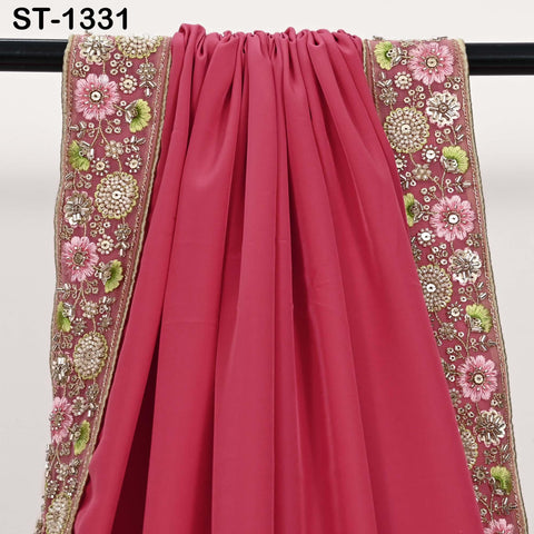 Salmon Red Silk Crepe Dupatta: Embroidered Beaded Border, Bridal Wedding Stole