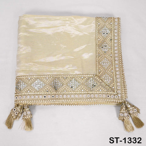 Gold Dupatta Zari Tissue, Mirror, Sequins-Embellished Bridal Veil, Indian Ethnic Scarf