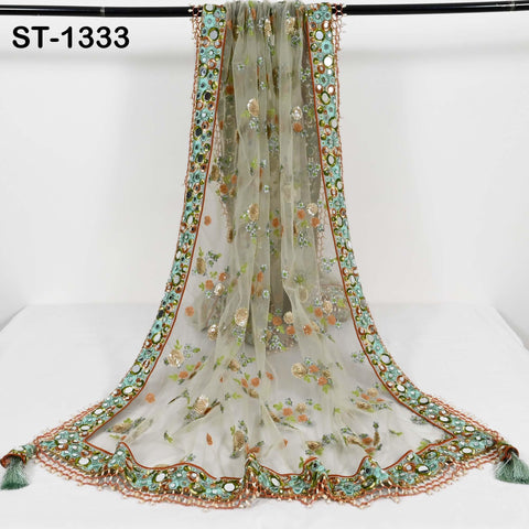 Mint Green Embroidered Net Dupatta, Mirror Bead Trim Stole, Wedding Veil Chunni