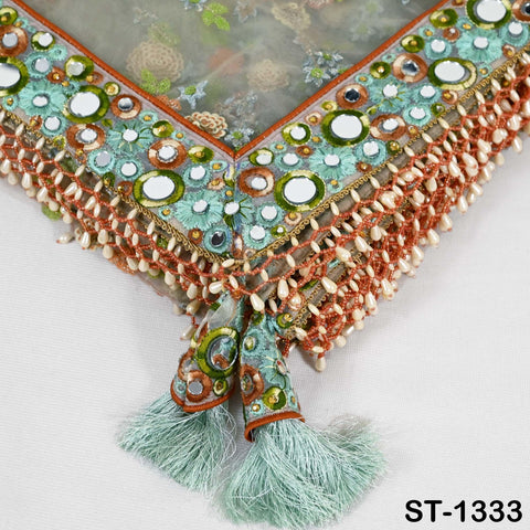 Mint Green Embroidered Net Dupatta, Mirror Bead Trim Stole, Wedding Veil Chunni