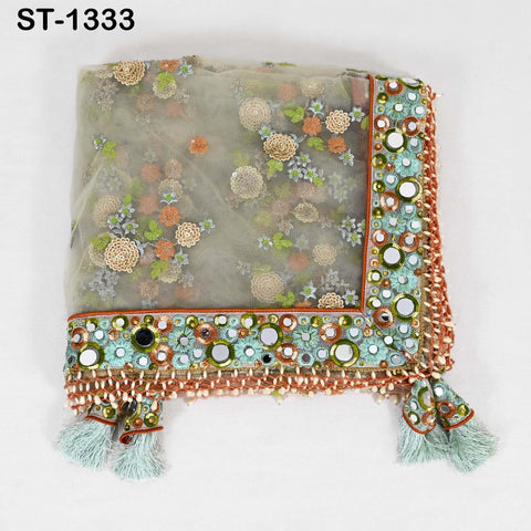 Mint Green Embroidered Net Dupatta, Mirror Bead Trim Stole, Wedding Veil Chunni