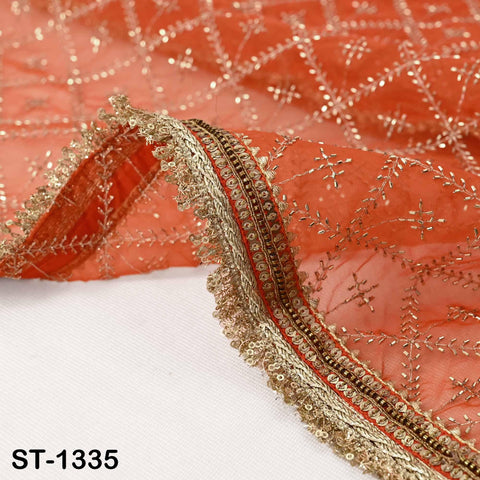 Orange Organza Embroidered Dupatta with Gold Beads, Bridal Wedding Stole Veil