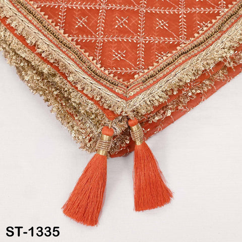 Orange Organza Embroidered Dupatta with Gold Beads, Bridal Wedding Stole Veil