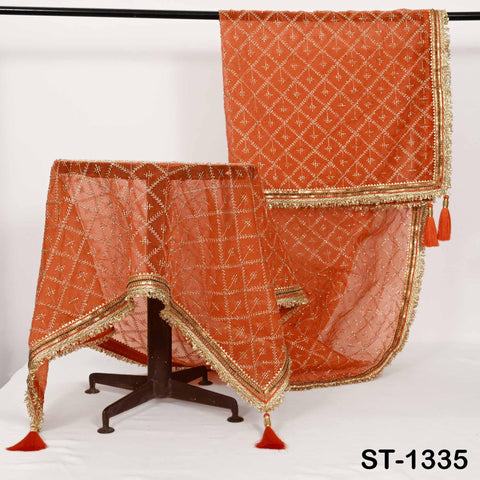 Orange Organza Embroidered Dupatta with Gold Beads, Bridal Wedding Stole Veil