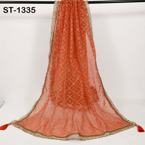 Orange Organza Embroidered Dupatta with Gold Beads, Bridal Wedding Stole Veil