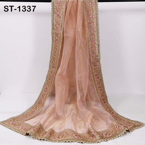 Embroidered Silk Tissue Organza Dupatta: Peach Gold Bridal Wedding Veil Scarf