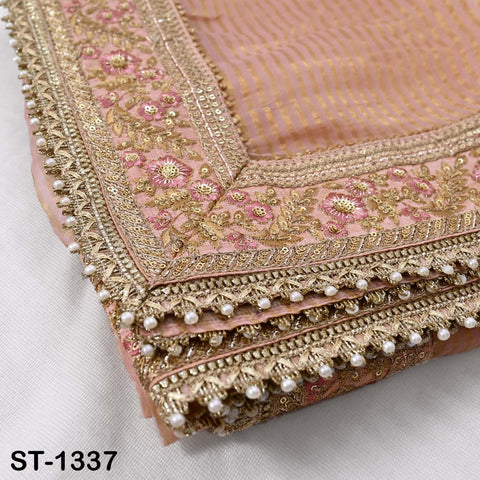 Embroidered Silk Tissue Organza Dupatta: Peach Gold Bridal Wedding Veil Scarf