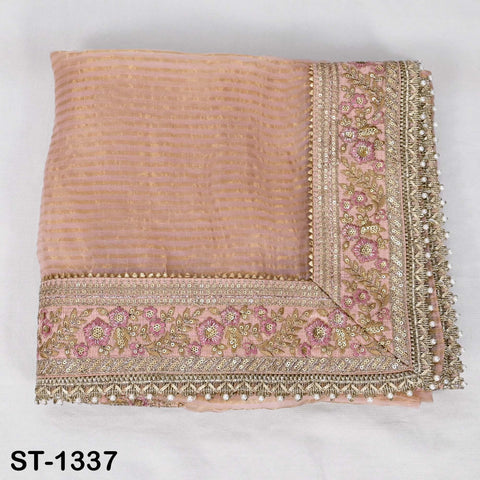 Embroidered Silk Tissue Organza Dupatta: Peach Gold Bridal Wedding Veil Scarf