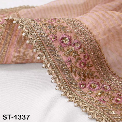 Embroidered Silk Tissue Organza Dupatta: Peach Gold Bridal Wedding Veil Scarf