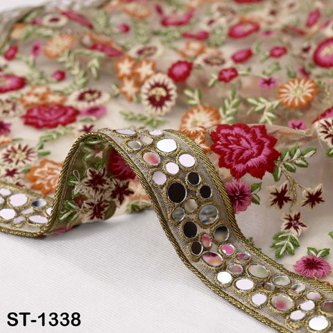 Floral Embroidered Net Dupatta, Mirror Bead Trim Stole, Wedding Veil Chunni