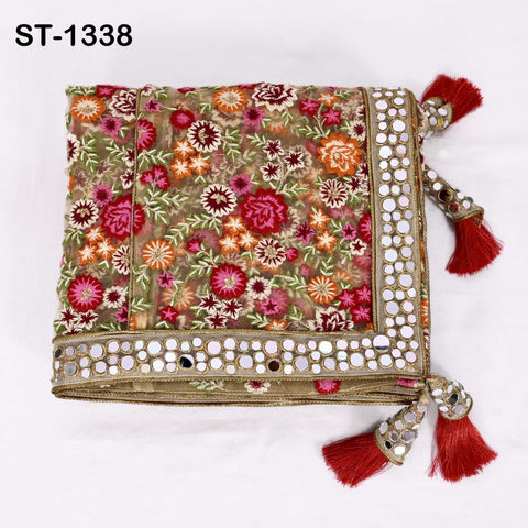 Floral Embroidered Net Dupatta, Mirror Bead Trim Stole, Wedding Veil Chunni