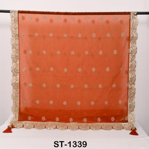 Orange Organza Dupatta with Gota Patti Embroidery and Tassels – Indian Wedding Scarf