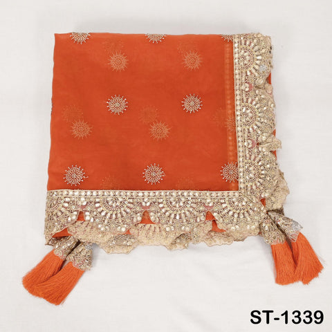 Orange Organza Dupatta with Gota Patti Embroidery and Tassels – Indian Wedding Scarf