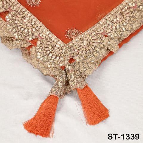 Orange Organza Dupatta with Gota Patti Embroidery and Tassels – Indian Wedding Scarf