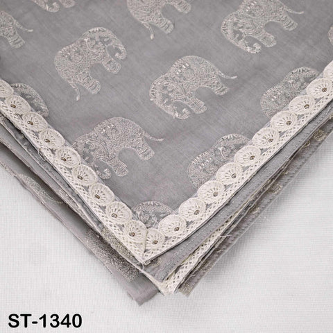 Grey Chanderi Embroidered Elephant Dupatta, Ivory Sequins, Bridal Wedding Chunni Veil