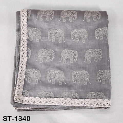Grey Chanderi Embroidered Elephant Dupatta, Ivory Sequins, Bridal Wedding Chunni Veil