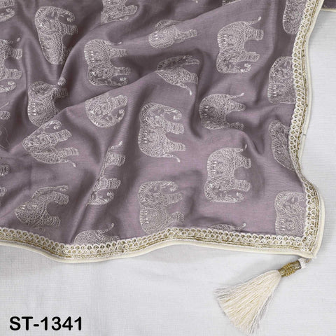 Mauve Chanderi Embroidered Elephant Dupatta, Bridal Wedding Veil, Scarf, Stole