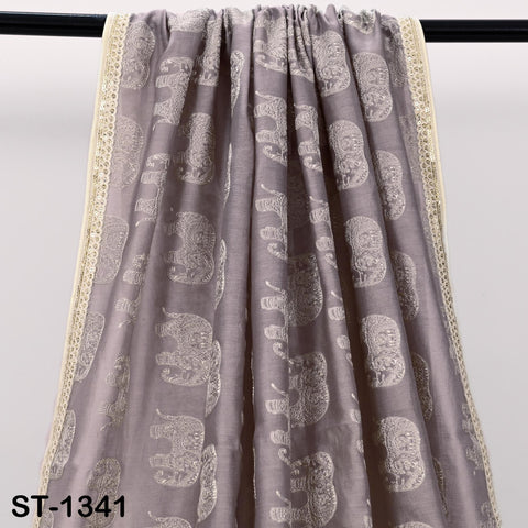 Mauve Chanderi Embroidered Elephant Dupatta, Bridal Wedding Veil, Scarf, Stole