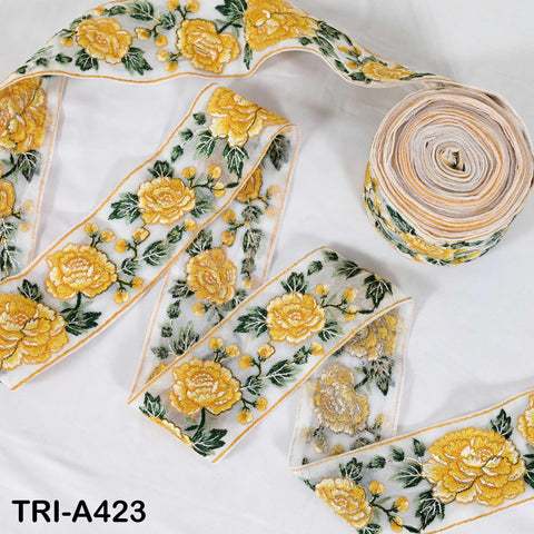 1 Meter Yellow Roses Embroidery Ribbon: Floral Sari Border Trim (55mm Wide)