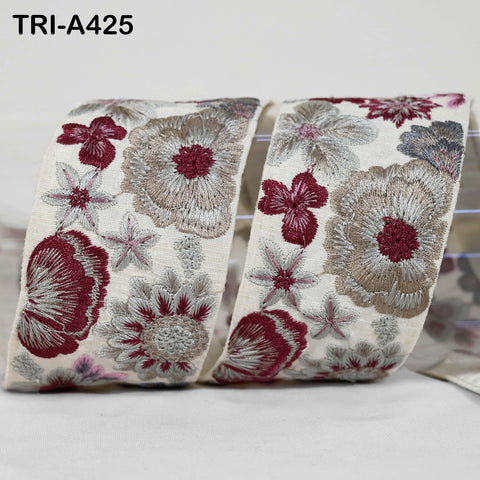 1 Meter Embroidered Sari Border Trim: Mauve Floral Ribbon for Crafts, Sewing, Home Decor