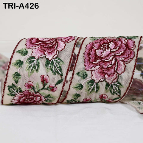 1 Meter Maroon Roses Embroidery Ribbon: Floral Sari Border Trim (55mm Wide)