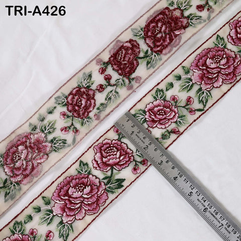 1 Meter Maroon Roses Embroidery Ribbon: Floral Sari Border Trim (55mm Wide)