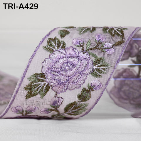 1 Meter Lavender Roses Embroidery Ribbon: Floral Sari Border Trim (55mm Wide)