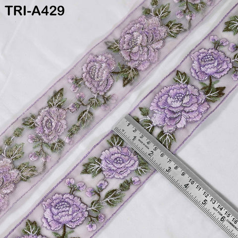 1 Meter Lavender Roses Embroidery Ribbon: Floral Sari Border Trim (55mm Wide)