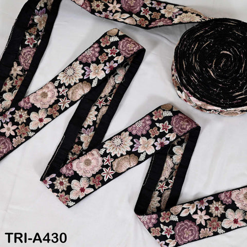 1 Meter Embroidered Sari Border Trim: Pink Floral Ribbon for Crafts, Sewing, Home Decor
