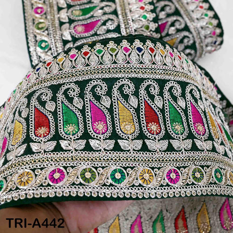 Embroidered Zari Sequin Sari Border Trim: Bottle Green Indian Craft Ribbon (1 Meter)