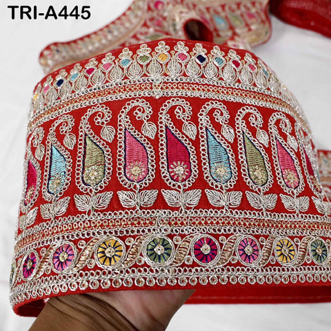 Embroidered Trim Zari Sequin Sari Border: Red Indian Craft Ribbon (1 Meter) 6 inches