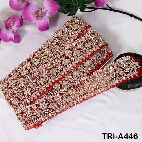 Red Indian Beaded Trim Ribbon – 1 Meter Gold Zari Embroidery Sari Border (5cm)