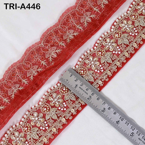 Red Indian Beaded Trim Ribbon – 1 Meter Gold Zari Embroidery Sari Border (5cm)