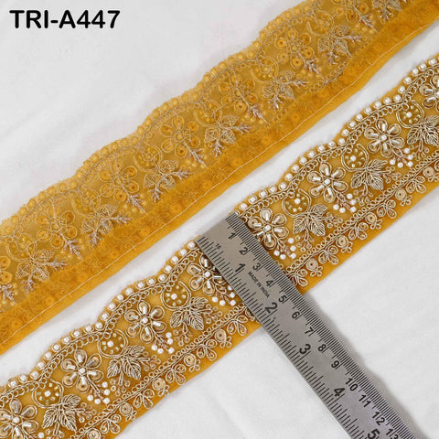 Yellow Indian Beaded Trim Ribbon – Gold Zari Embroidery Sari Border (5cm) 1 Meter Wedding Dupatta Dress Costumes
