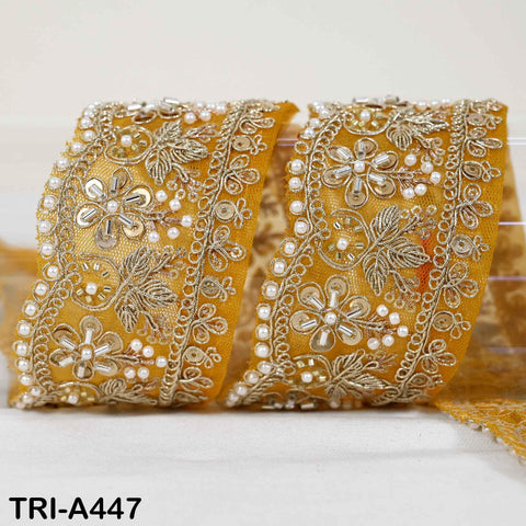 Yellow Indian Beaded Trim Ribbon – Gold Zari Embroidery Sari Border (5cm) 1 Meter Wedding Dupatta Dress Costumes