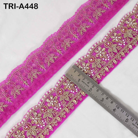 Fuchsia Indian Beaded Trim Ribbon – Gold Zari Embroidery Sari Border (5cm) 1 Meter Wedding Dupatta Dress Costumes