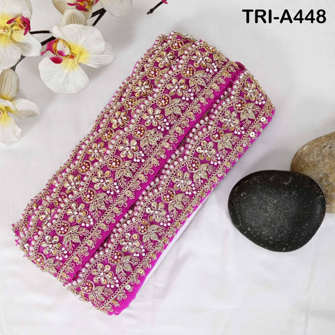 Fuchsia Indian Beaded Trim Ribbon – Gold Zari Embroidery Sari Border (5cm) 1 Meter Wedding Dupatta Dress Costumes