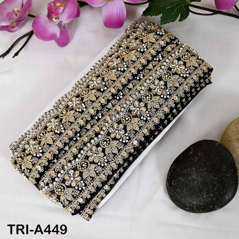 Black Indian Beaded Trim Ribbon – Gold Zari Embroidery Sari Border (5cm)