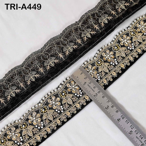 Black Indian Beaded Trim Ribbon – Gold Zari Embroidery Sari Border (5cm)